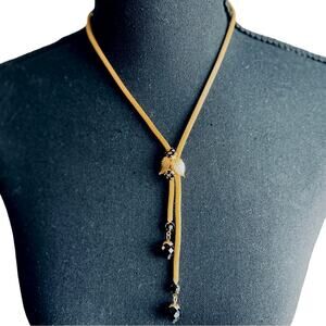 Women's Vintage Lariat Necklace Gold tone mesh chain adjust length black crystal